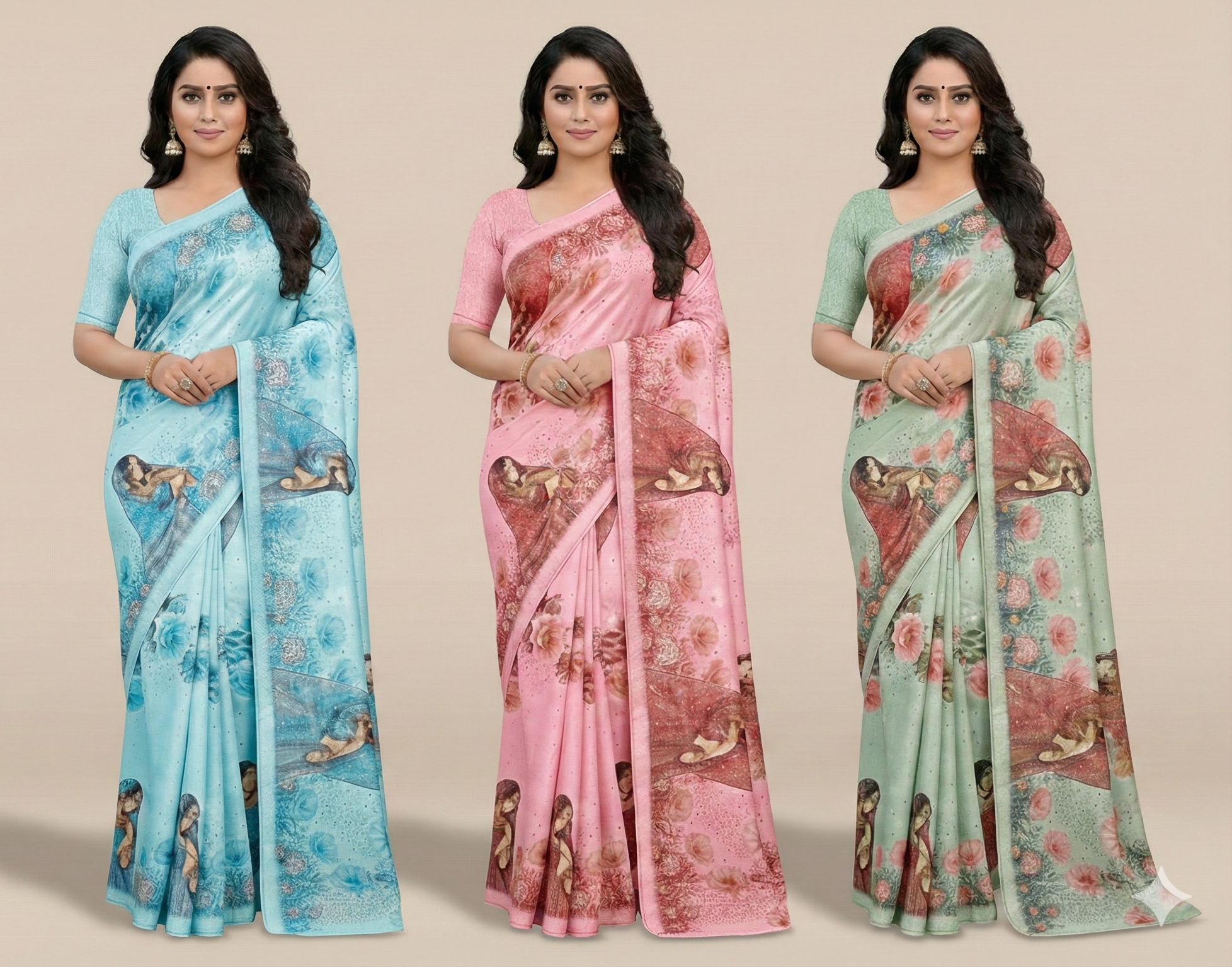 Chinon Crape Digital Print Saree with Swarovski Border | Pink, Green & Blue