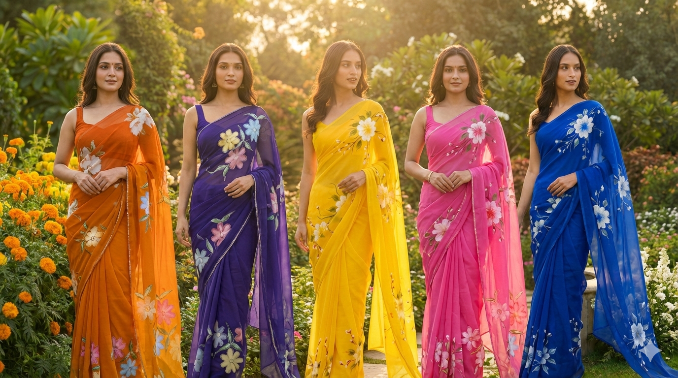Chiffon Floral Hand-Painted Saree with Stone Border| Yellow, Pink, Mustard, Sky Blue & Blue