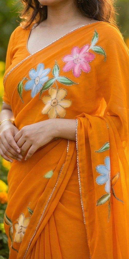 Chiffon Floral Hand-Painted Saree with Stone Border