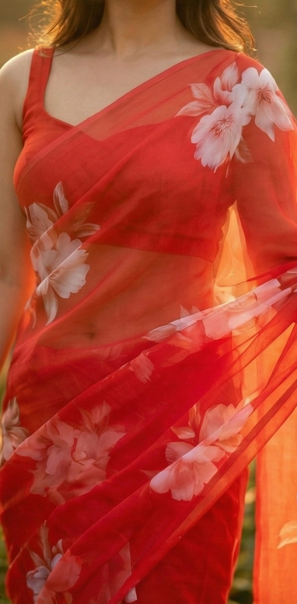 Chiffon Floral Hand-Painted Saree with Stone Border