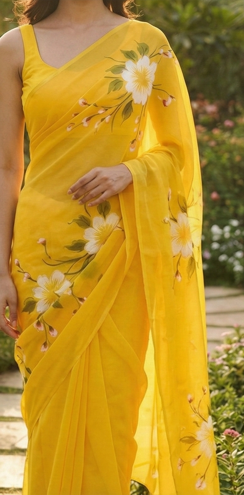 Chiffon Floral Hand-Painted Saree with Stone Border