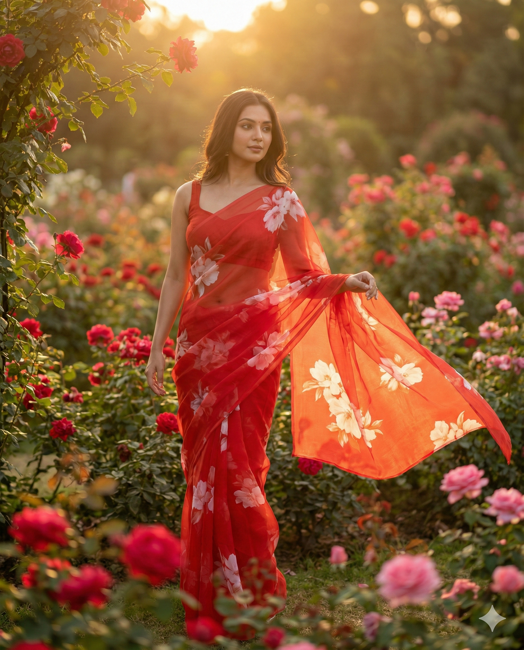 Chiffon Floral Hand-Painted Saree with Stone Border