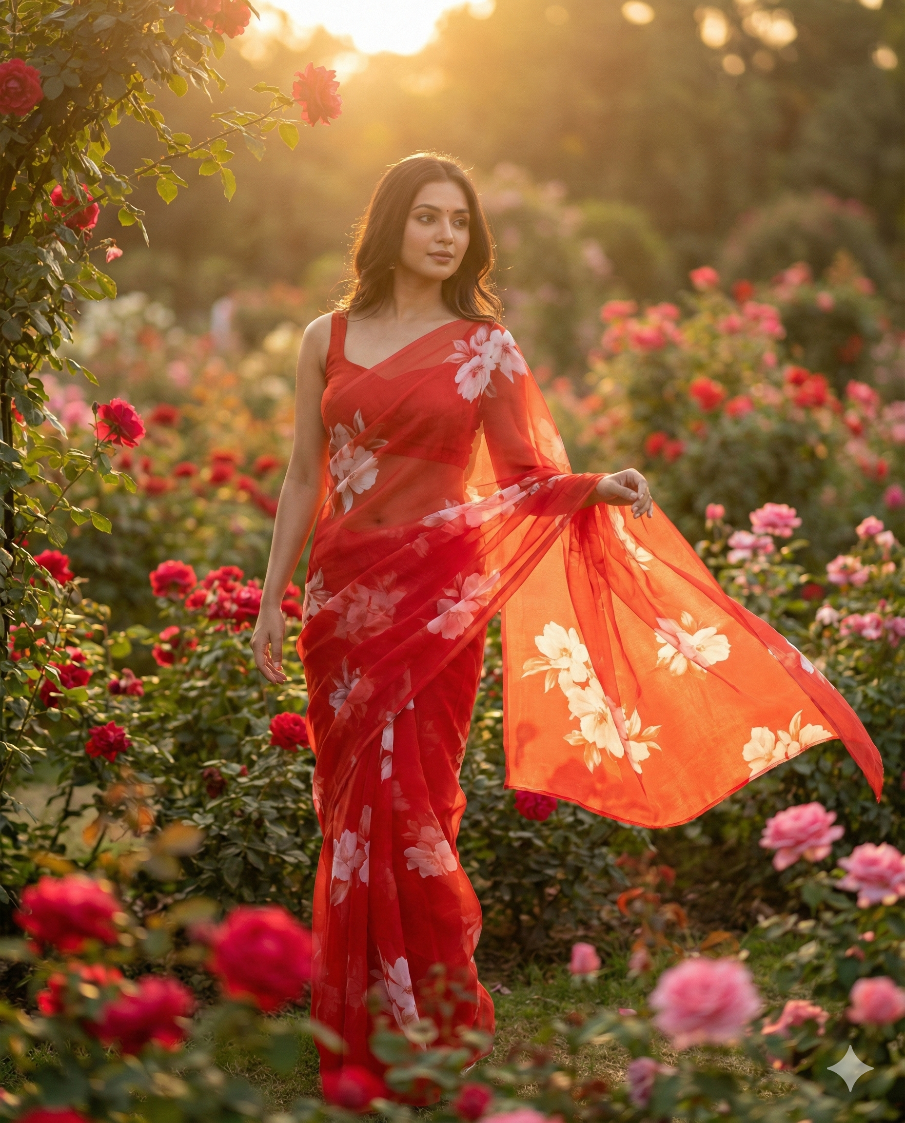 Chiffon Floral Hand-Painted Saree with Stone Border