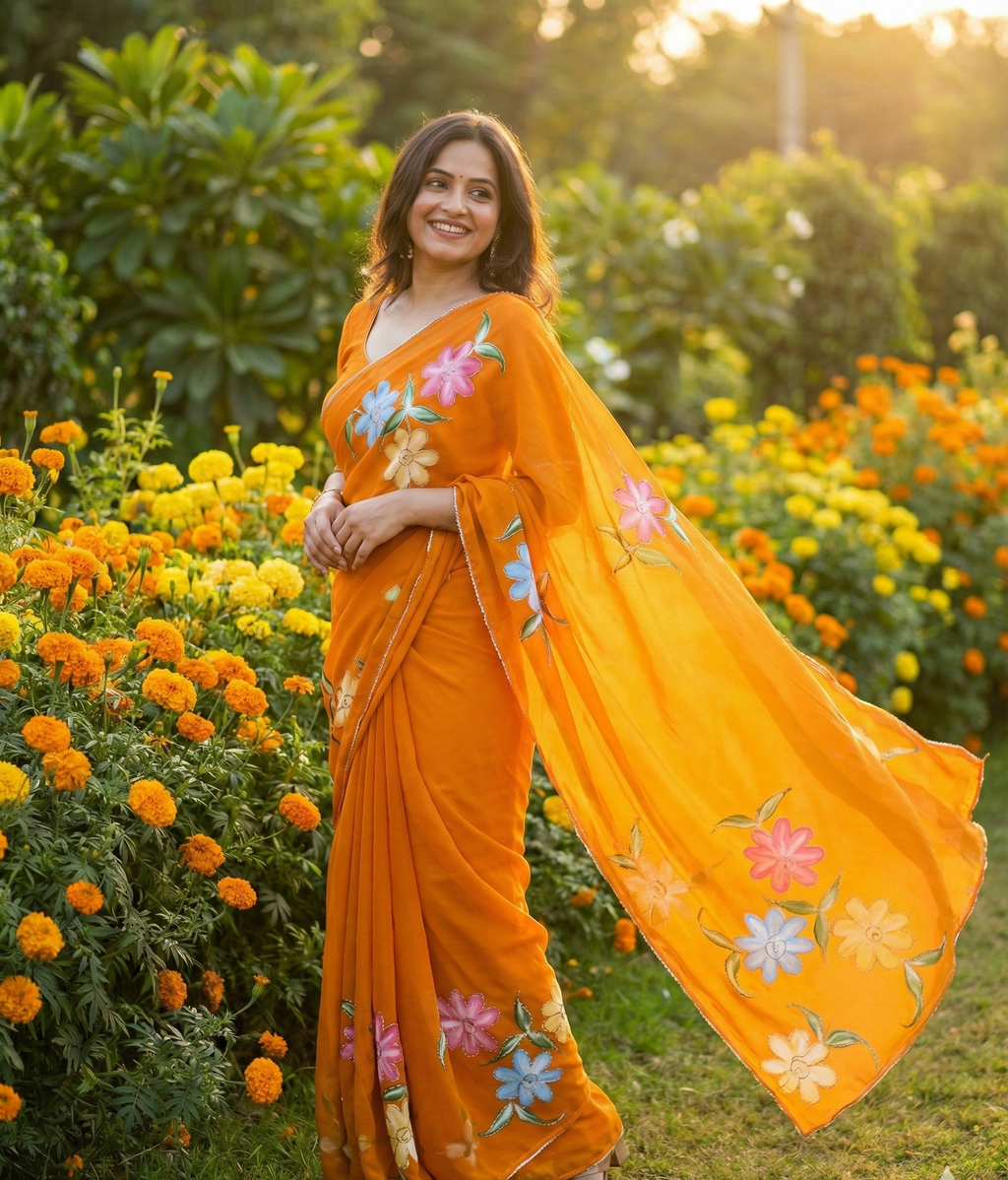 Chiffon Floral Hand-Painted Saree with Stone Border
