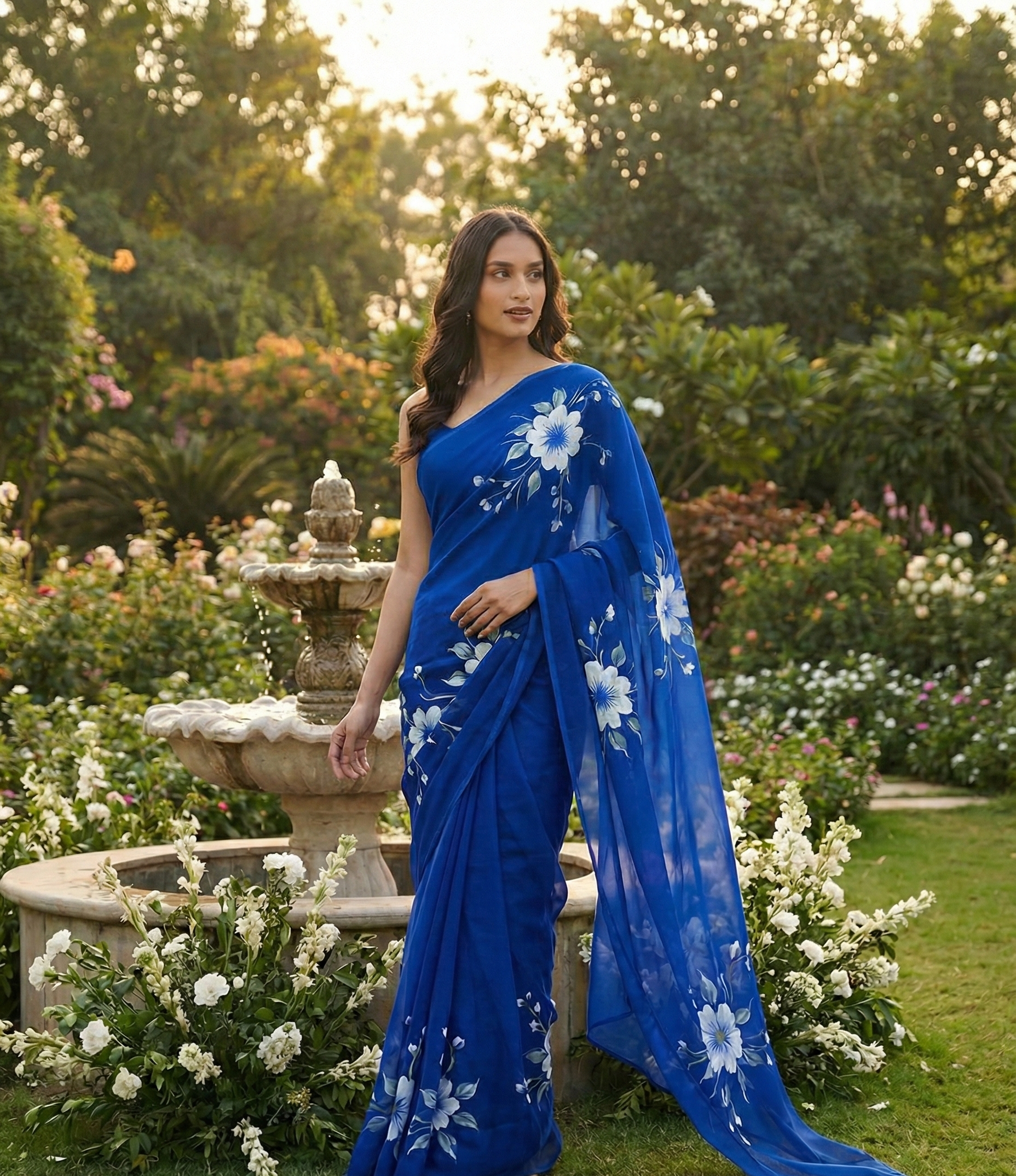 Chiffon Floral Hand-Painted Saree with Stone Border