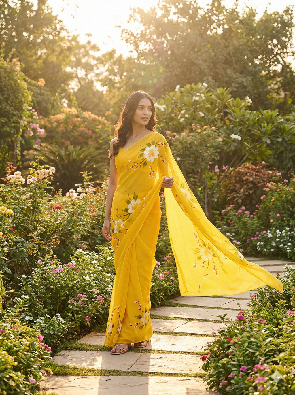 Chiffon Floral Hand-Painted Saree with Stone Border
