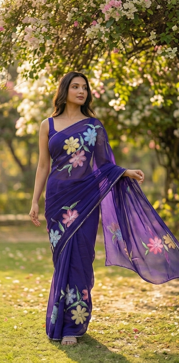 Chiffon Floral Hand-Painted Saree with Stone Border