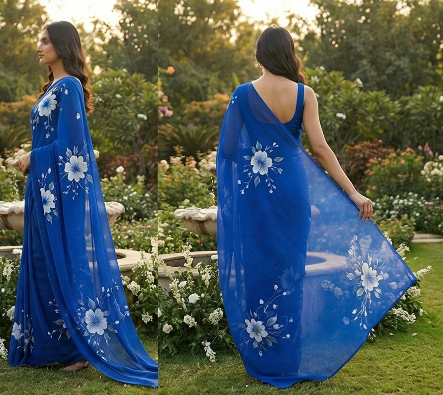 Chiffon Floral Hand-Painted Saree with Stone Border