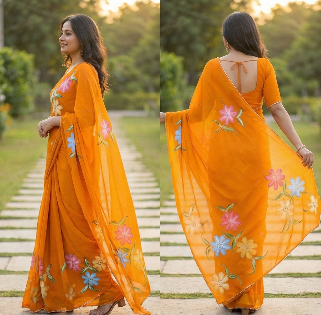 Chiffon Floral Hand-Painted Saree with Stone Border