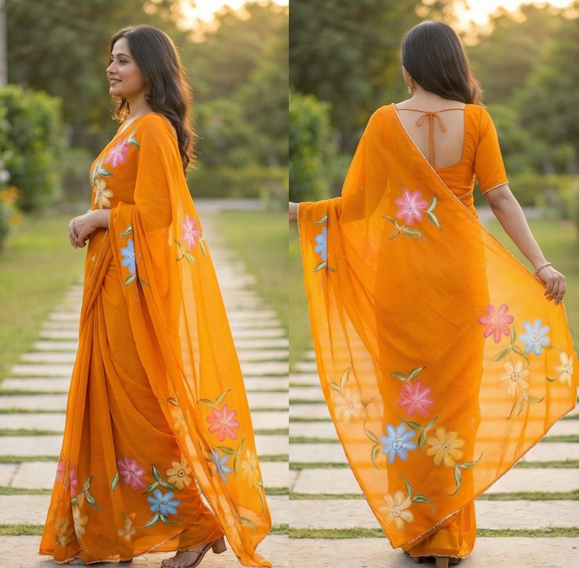 Chiffon Floral Hand-Painted Saree with Stone Border