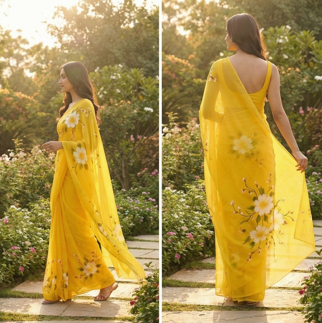 Chiffon Floral Hand-Painted Saree with Stone Border