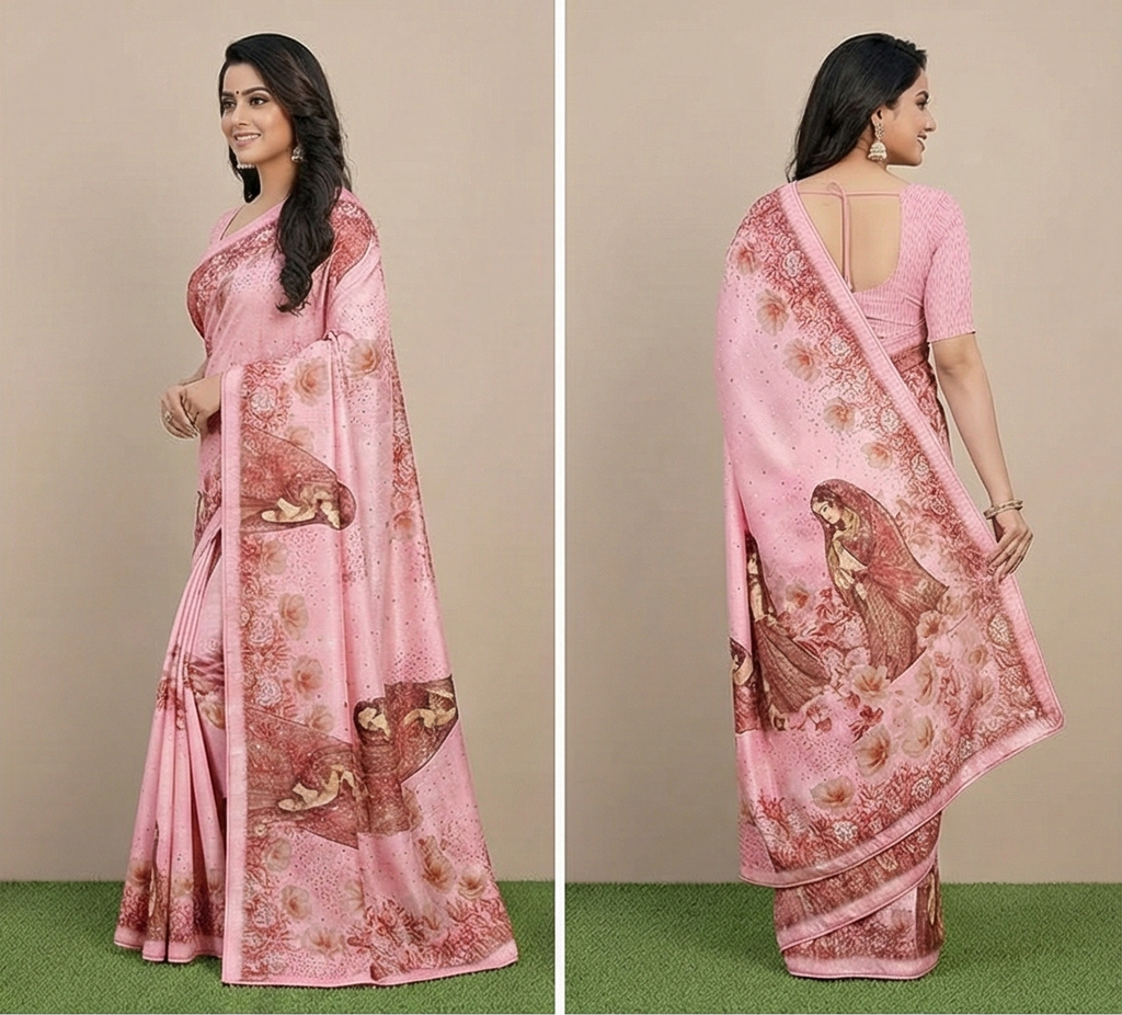 Chinon Crape Digital Print Saree with Swarovski Border