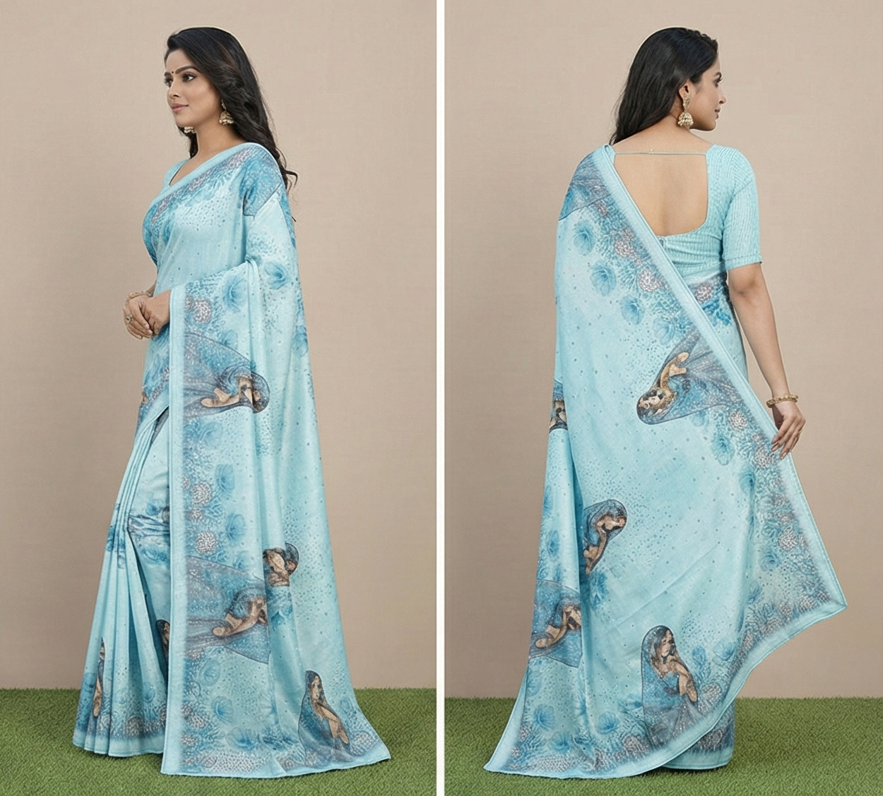 Chinon Crape Digital Print Saree with Swarovski Border