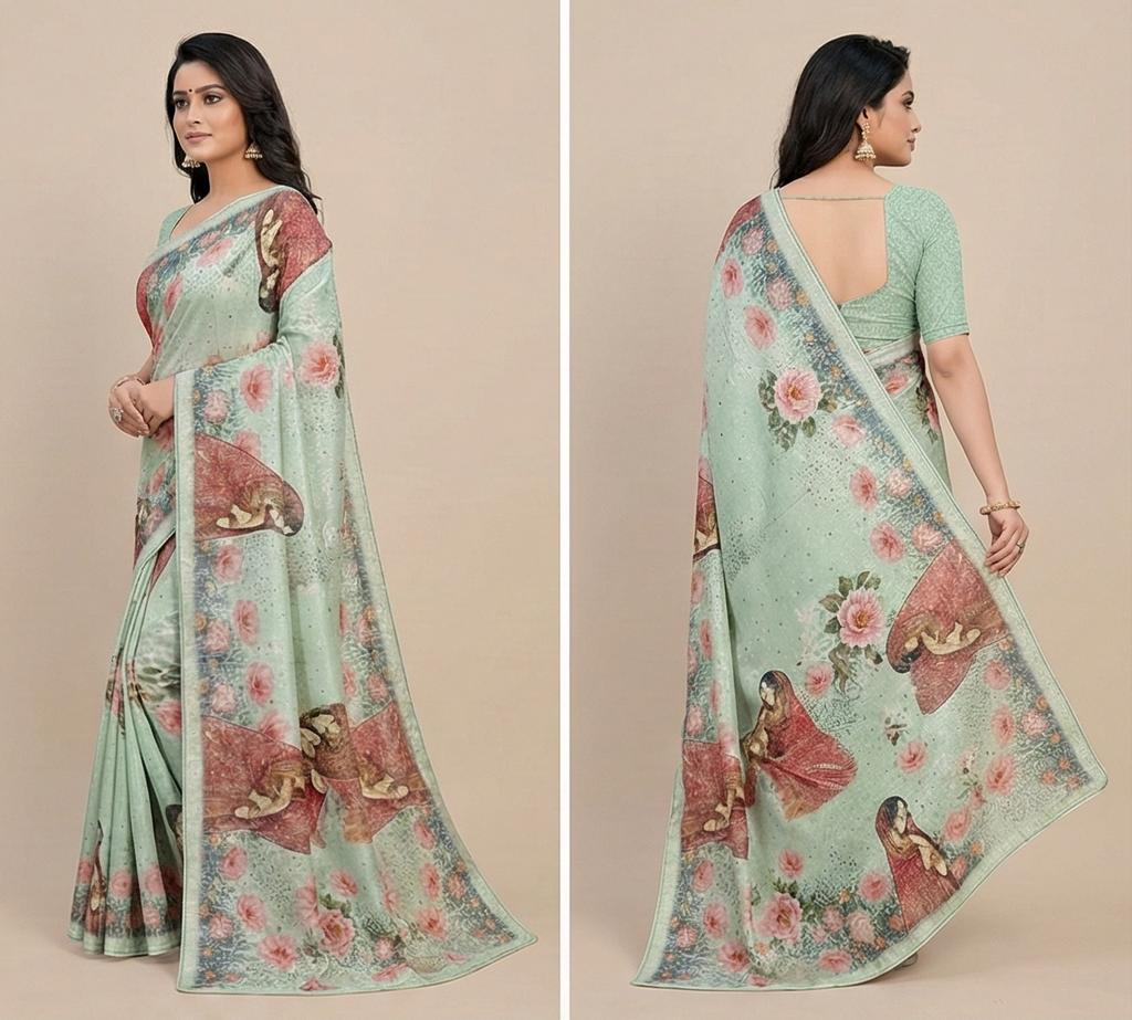 Chinon Crape Digital Print Saree with Swarovski Border