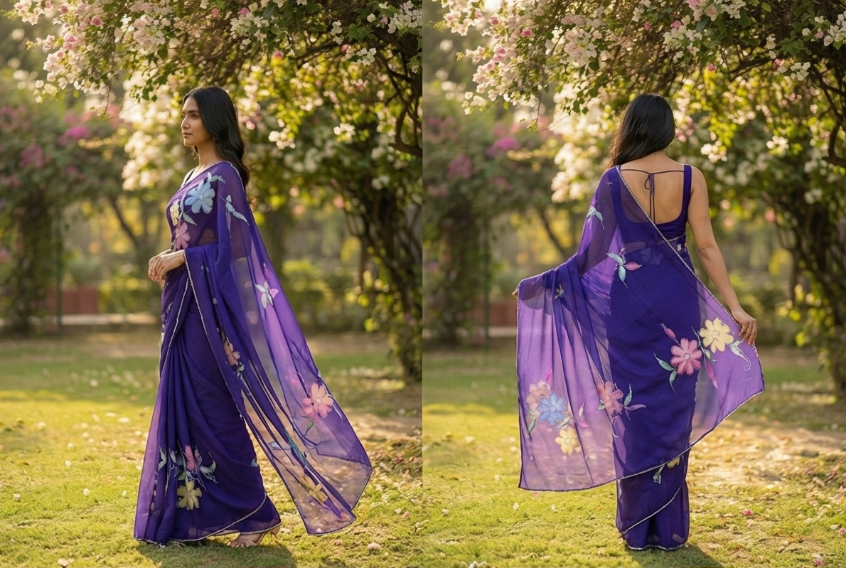 Chiffon Floral Hand-Painted Saree with Stone Border