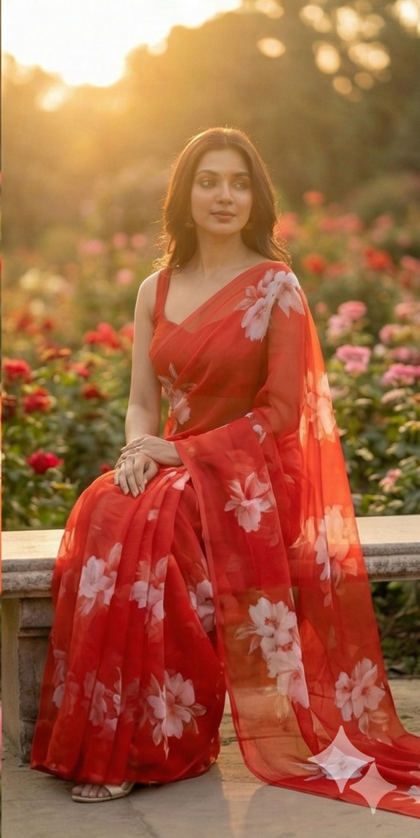 Chiffon Floral Hand-Painted Saree with Stone Border