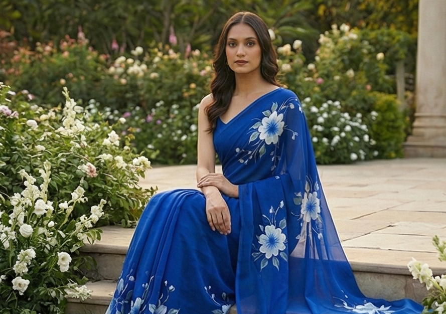Chiffon Floral Hand-Painted Saree with Stone Border