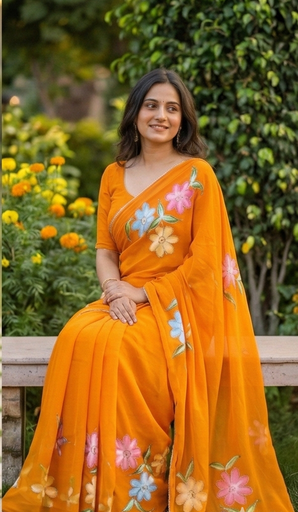 Chiffon Floral Hand-Painted Saree with Stone Border