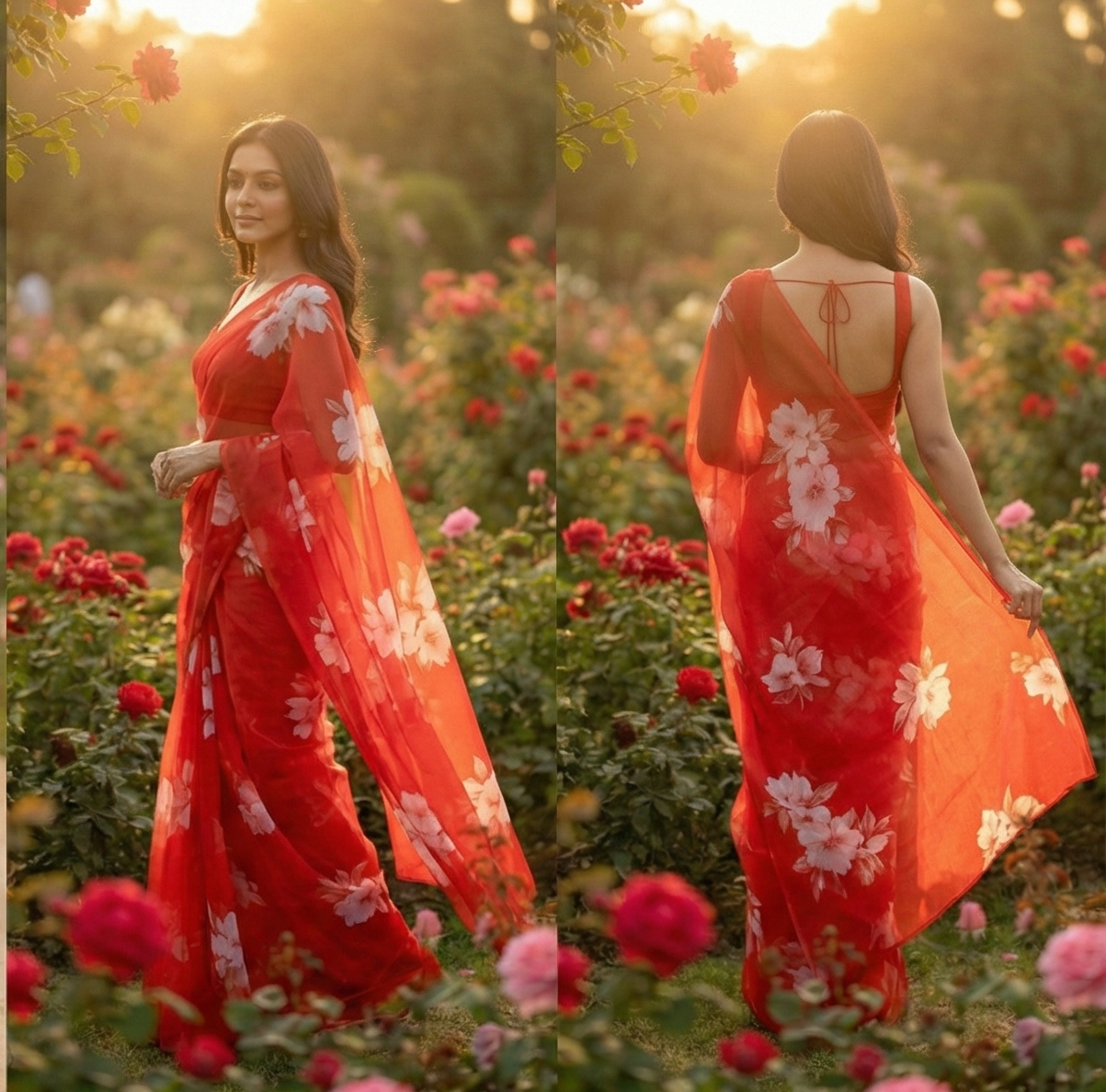 Chiffon Floral Hand-Painted Saree with Stone Border