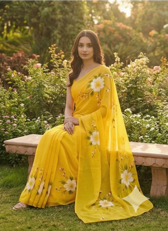 Chiffon Floral Hand-Painted Saree with Stone Border