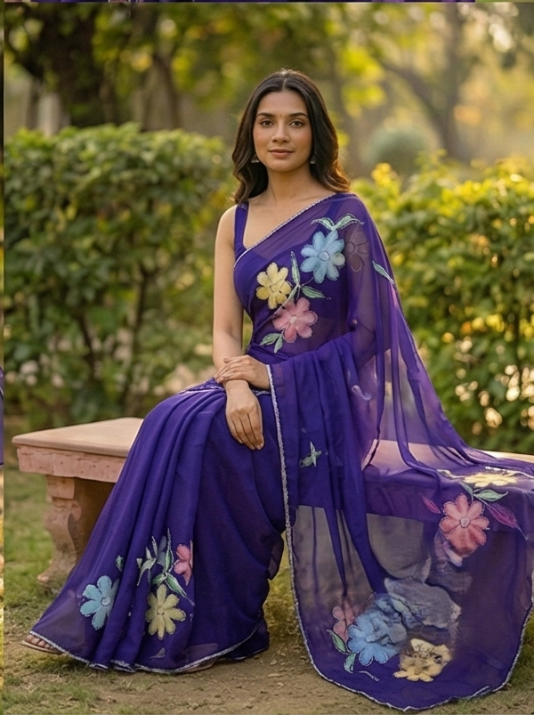 Chiffon Floral Hand-Painted Saree with Stone Border