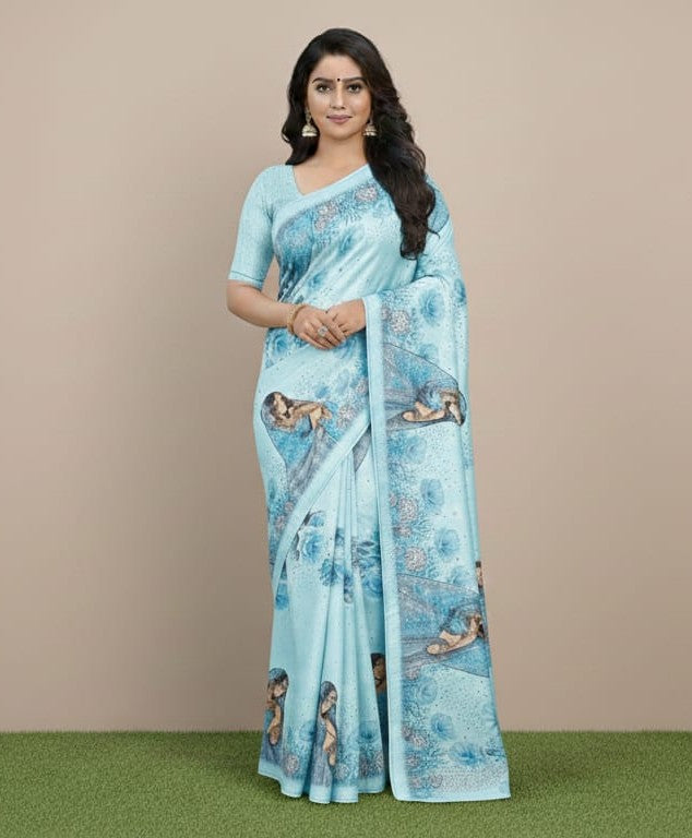 Chinon Crape Digital Print Saree with Swarovski Border