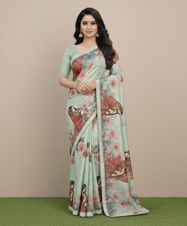 Chinon Crape Digital Print Saree with Swarovski Border